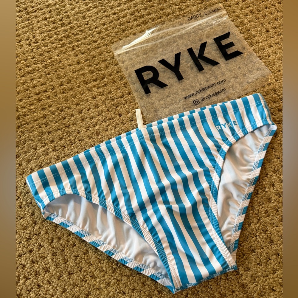 NWOT Men’s Size L Ryke “Darcy” Blue & White Stripe Speedo-Style Swim Brief